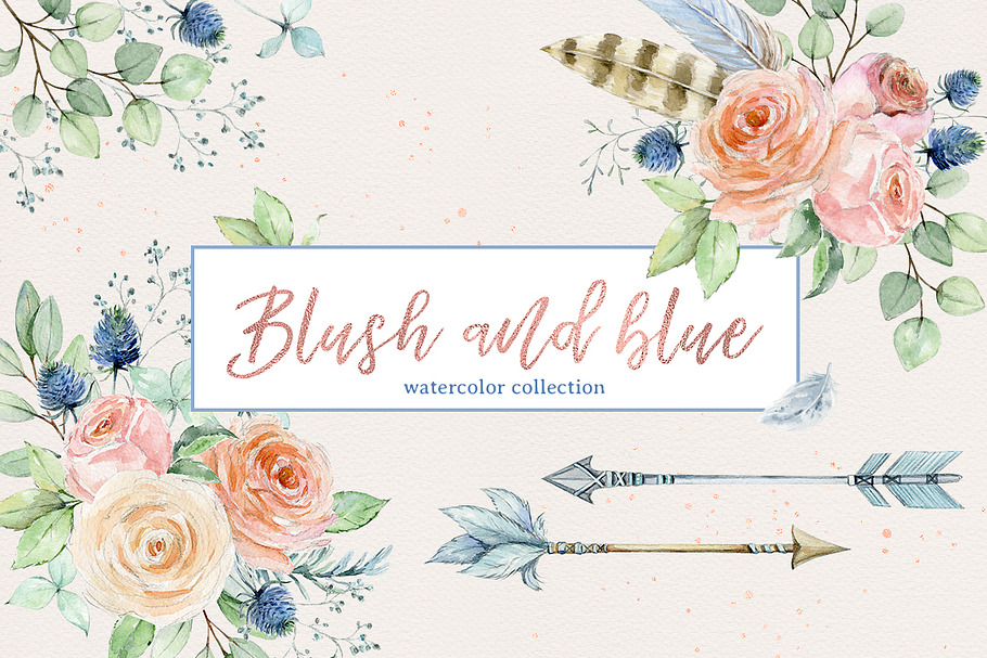 Blush and blue - watercolor clipart