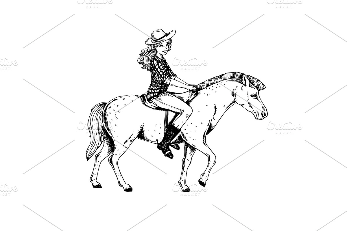 Woman ride horse engraving vector illustration in Illustrations - product preview 8