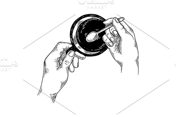 Hands with tea cup engraving vector illustration
