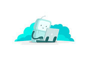 The robot astronaut man sits with laptop. Search on the Internet. Internet surfing. Error page not found. Flat color vector illustration
