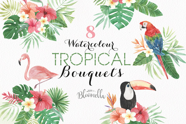 Tropical Watercolor Flamingo Clipart