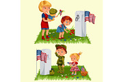 Memorial Day, mother with child on cemetery, little girl lays flowers on grave, family Wife with children honoring memory fallen heroes, military tokens and us flag vector illustration
