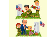 Memorial Day, adult man with children in military cemetery near grave with white monument to veteran, family boy and girl memory and remember war heroes, American flag tokens vector illustration