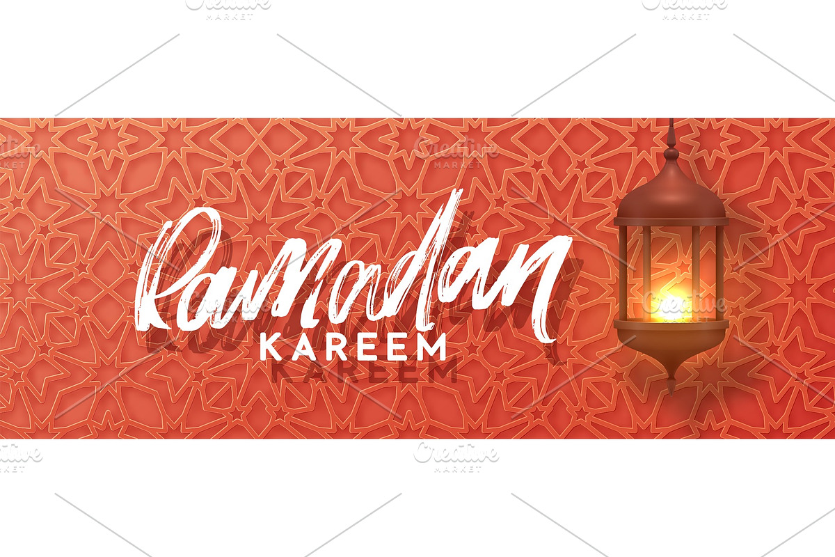 Ramadan vector, Eid Mubarak horizontal greeting banner with arabic calligraphy Ramadan Kareem. in Textures - product preview 8