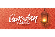 Ramadan vector, Eid Mubarak horizontal greeting banner with arabic calligraphy Ramadan Kareem.