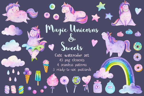 Watercolor Magic Unicorns & Sweets