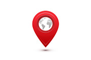 Destination concept. International travel journey. Red pointer with grey world map inside
