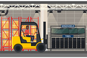 Tyres and windshield near forklift loader