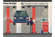 Car repair or diagnostic.Vehicle at lift, elevator