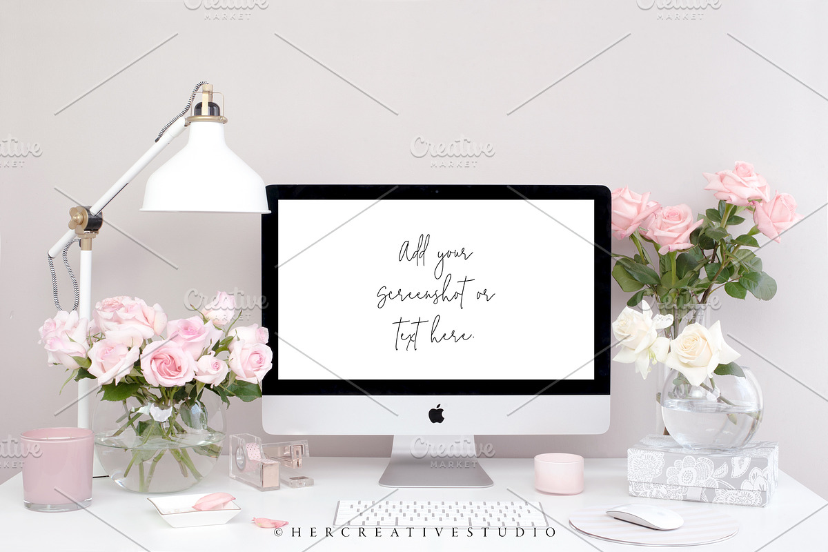 Computer Mockup, Pink & White Roses in Branding Mockups - product preview 8