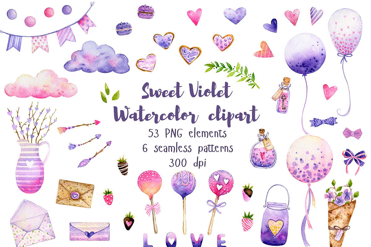 Sweet Violet Watercolor Clipart in Illustrations - product preview 8