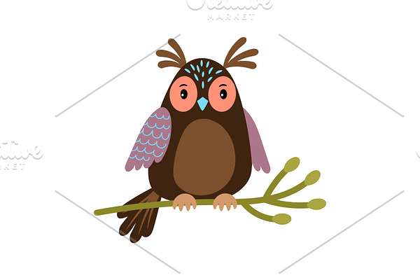 Vector Owl. Cartoon cute owl on tree branch illustration isolated on white
