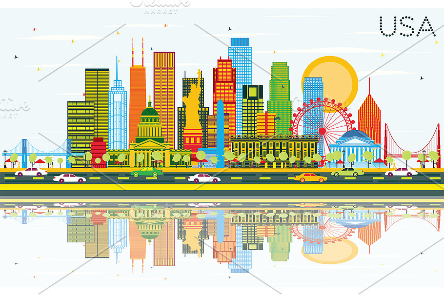 USA Skyline with Color Skyscrapers in Illustrations - product preview 8