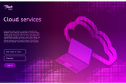 Isometric vector illustration showing the cloud computing services concept laptop and web servers.