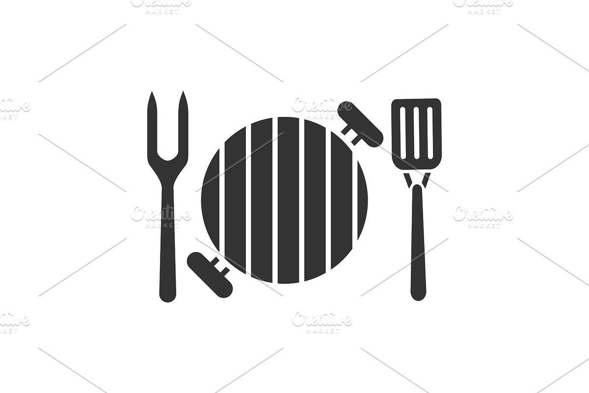 Barbecue grill with fork and spatula glyph icon in Graphics - product preview 8