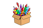 Box with fireworks pop art vector illustration