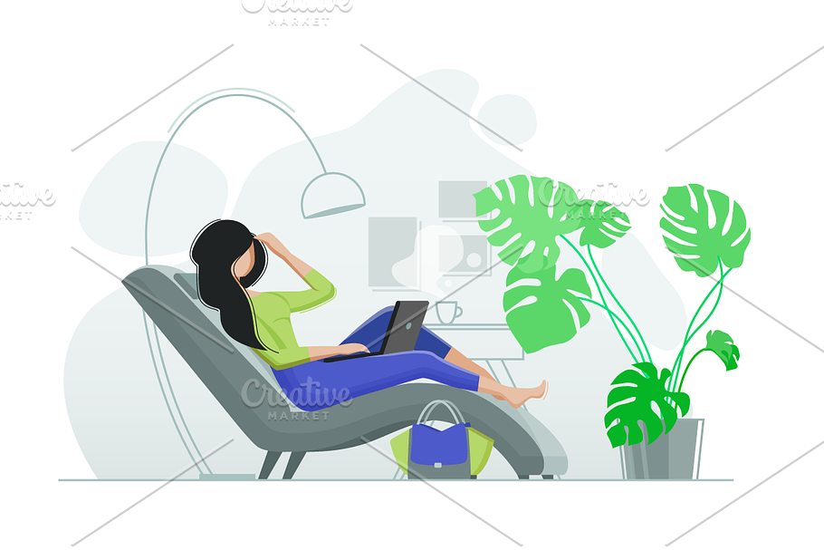 Girl resting in chair with laptop in Illustrations - product preview 8