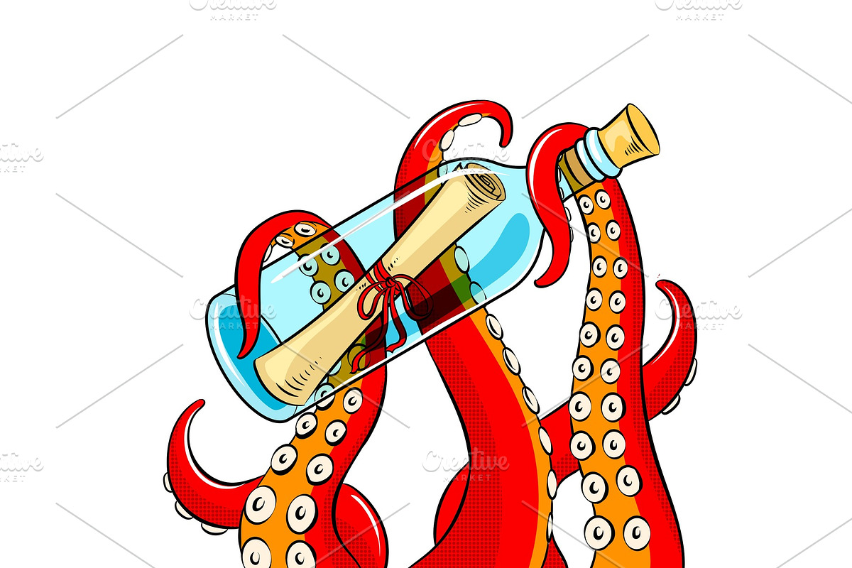 Octopus and message in bottle pop art vector in Illustrations - product preview 8