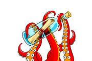Octopus and message in bottle pop art vector