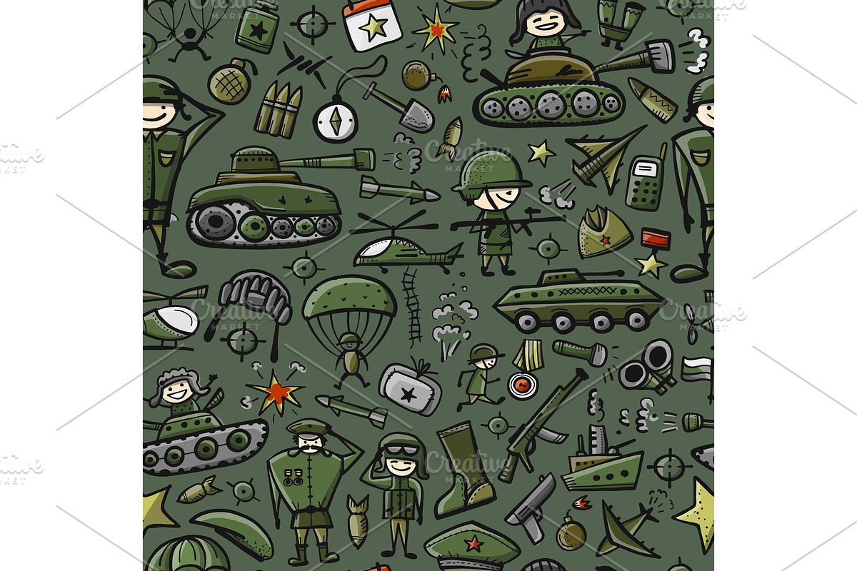 Military sketch, seamless pattern for your design in Objects - product preview 8
