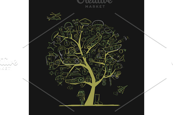Military tree, sketch for your design. Gift card for men. Vector illustration