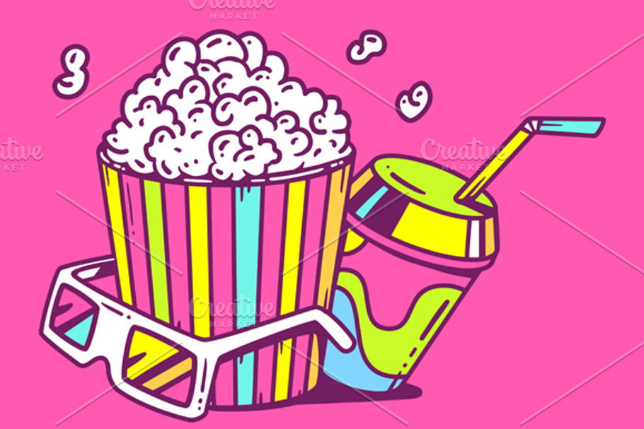 Pop corn with juice and 3d glasses in Illustrations - product preview 8