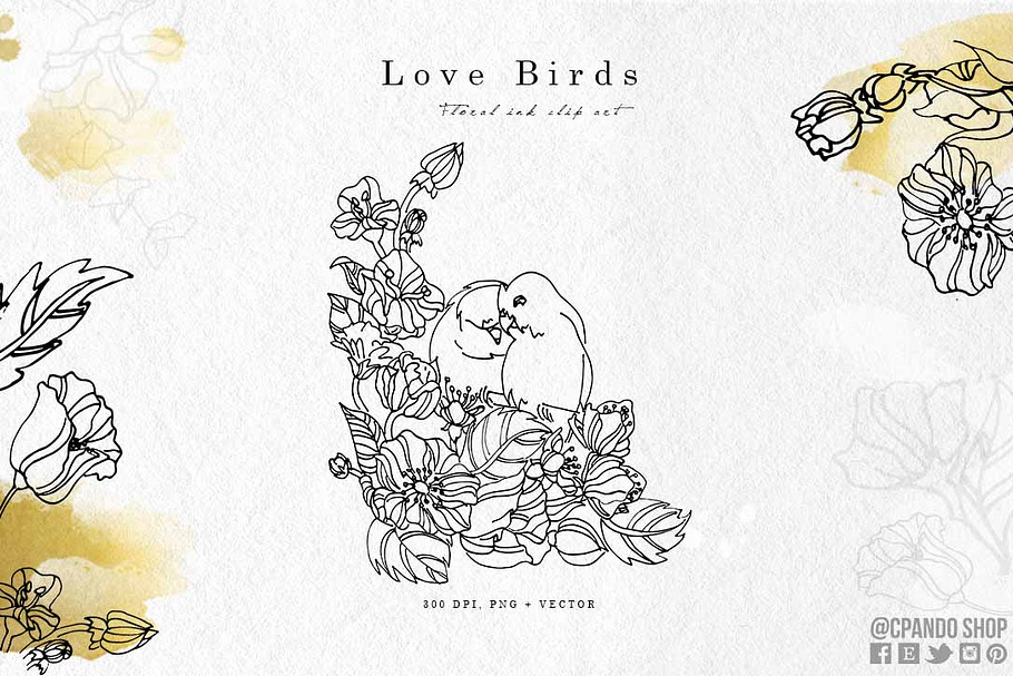 Love Birds Ink clip art hand painted