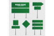 Road green traffic sign. Blank board with place for text.Mockup. Isolated on white information sign. Direction. Vector illustration.