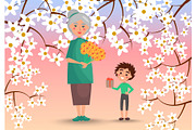 Grandmother with Grandson Surrounded with Flowers