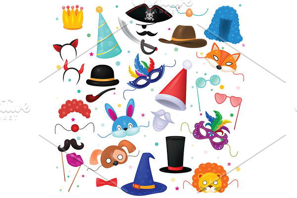 Mask vector kids carnival costume hat for children masquerade party and cartoon animal masks illustration set of masked child and headwear for birthday celebration isolated on white background