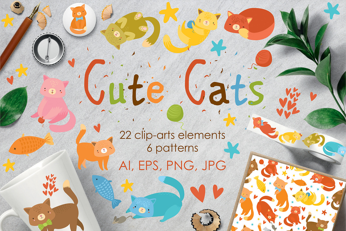 Cute cats set clip-art. Patterns in Illustrations - product preview 8