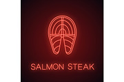 Salmon fish steak neon light icon