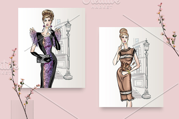 Set of 11 Fashion Girls in Paris in Illustrations - product preview 4