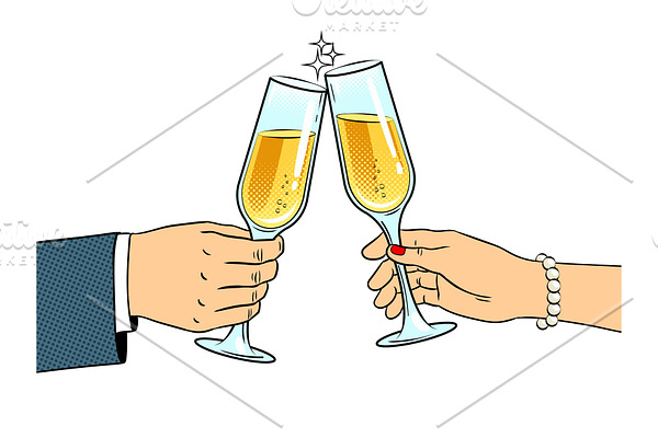 Clinking glasses with champagne pop art vector