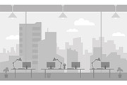 Office workplace gray color background room large window with splendid view skyscrapers city. Flat color vector illustration