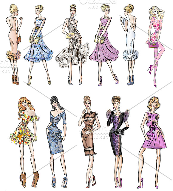 Set of 11 Fashion Girls in Paris in Illustrations - product preview 5