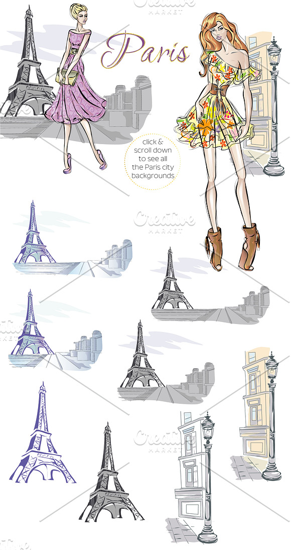 Set of 11 Fashion Girls in Paris in Illustrations - product preview 6