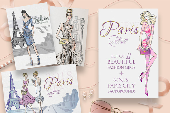 Set of 11 Fashion Girls in Paris in Illustrations - product preview 7