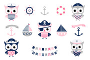 Cute Nautical Pirate Owl Clipart Set