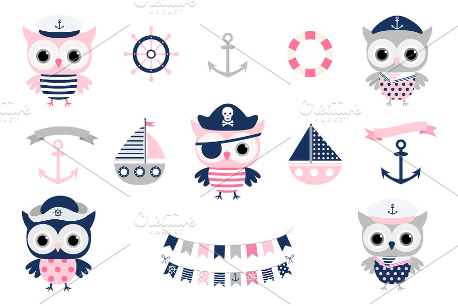 Cute Nautical Pirate Owl Clipart Set in Illustrations - product preview 8