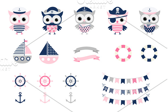 Cute Nautical Pirate Owl Clipart Set in Illustrations - product preview 1