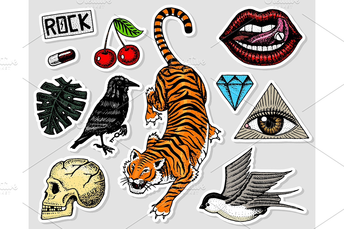 Set of Fashion patches. Tattoo artwork for Girls. Tiger and lips, skull and eye in the triangle. Engraved hand drawn in old vintage sketch. Vector surreal illustration, badges, print for t-shirt. in Illustrations - product preview 8