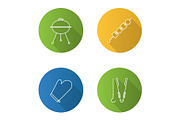 Barbecue flat linear long shadow icons set