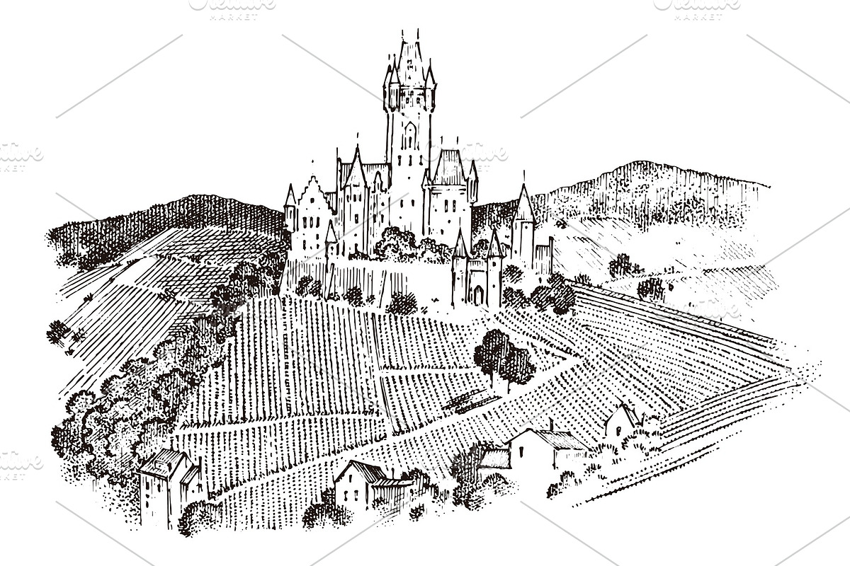 Castle on a hill. Ancient Landscape for the label. Engraved Hand drawn sketch in vintage victorian style. Travel to Europe to the historic building. in Illustrations - product preview 8