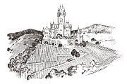 Castle on a hill. Ancient Landscape for the label. Engraved Hand drawn sketch in vintage victorian style. Travel to Europe to the historic building.