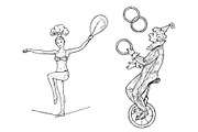 The clown on the wheel juggles with skittles or balls on white background. Street actor or artist in circus. Performer acrobat. Engraved Hand drawn sketch in vintage victorian style.