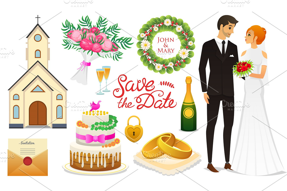 Bride And Groom. Wedding ceremony Set. Newlyweds icons. vector illustration. Married couple, summer. Vintage rustic cake and rings, bouquet, flowers and church, shoes and champagne, wreath and letter. in Illustrations - product preview 8