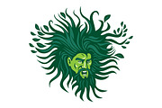 Green Man Head Hair Flowing Leaves C