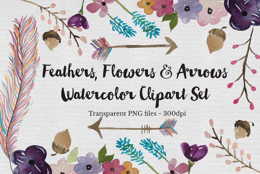 Watercolor Feather, Flowers & Arrows in Illustrations - product preview 8