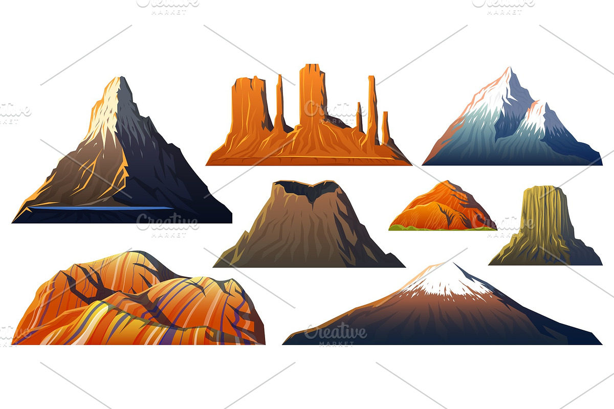Mountains Peaks, landscape early in a daylight, big set. monument valley, matterhorn, roraima, fuji or vesuvius, devils tower, everest or rainbow. travel or camping, climbing. Outdoor hill tops in Illustrations - product preview 8